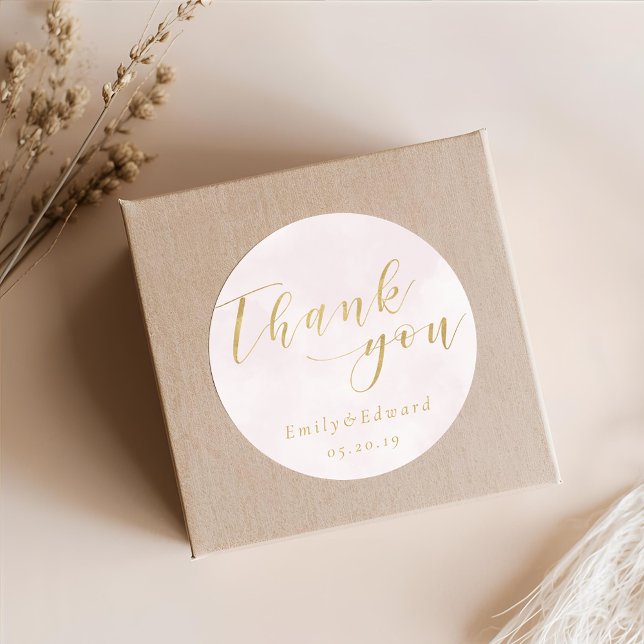 Blush Pink and Gold Wedding Favour Thank You Classic Round Sticker (Creator Uploaded)