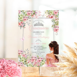 Blush Pink and Green Floral Butterfly Quinceañera Acrylic Invitations
