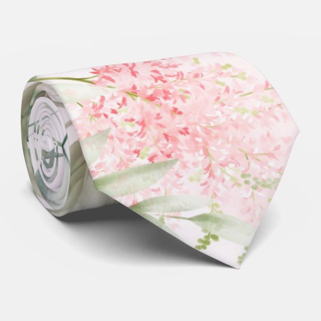Blush Pink and Greenery Leaves Chic Wedding Groom Tie (Rolled)