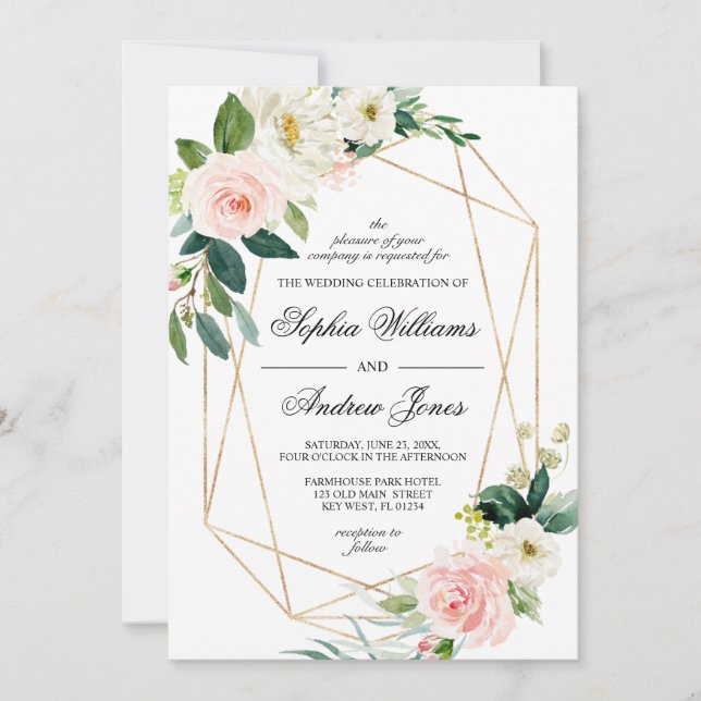 Blush Pink and Greenery Leaves Wedding Invitation (Front)
