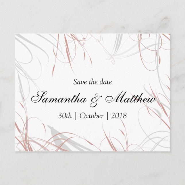 Blush pink and Grey Flourishes Save the Date Announcement Postcard (Front)