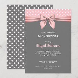Blush Pink and Grey Polka Dot Bow Baby Shower Invitation