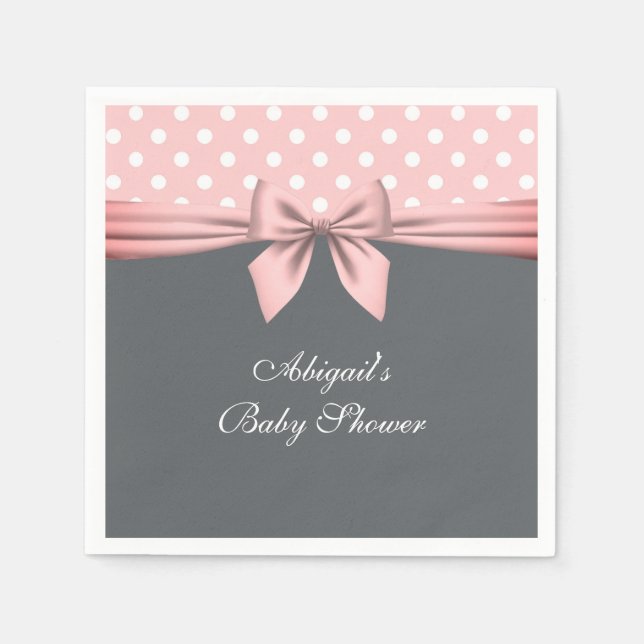 Blush Pink and Grey Polka Dots Bow Baby Shower Nap Napkin (Front)