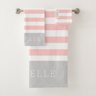 Blush Pink and Grey Stripes Monogrammed Bath Towel Set
