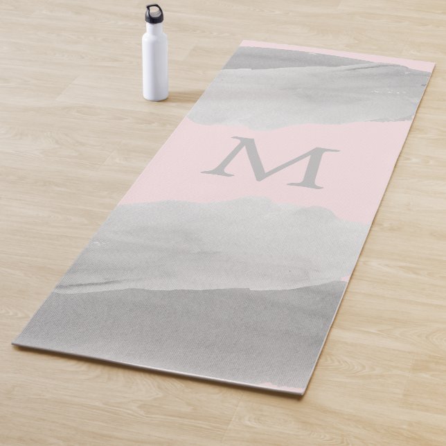 Blush Pink and Grey Watercolor Wash Monogrammed Yoga Mat (In Situ)