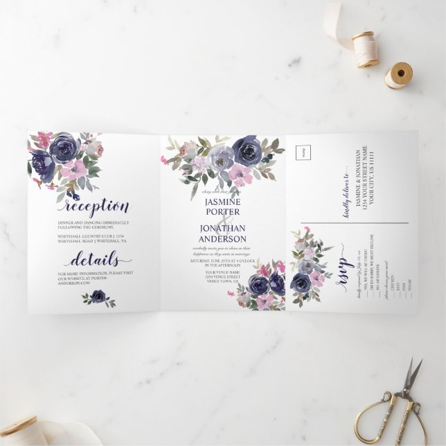 Blush Pink and Indigo Navy Floral Wedding Tri-Fold Invitation (Inside)