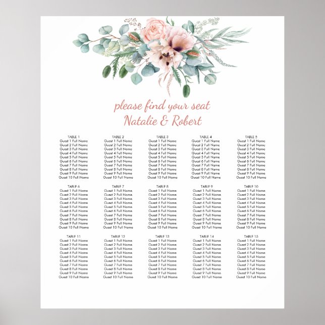 Blush Pink and Ivory Floral Seating Chart (Front)