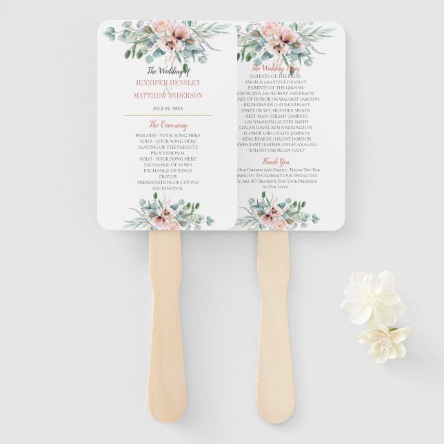 Blush Pink and Ivory Poppy Peony Floral Program Hand Fan (Front and Back)