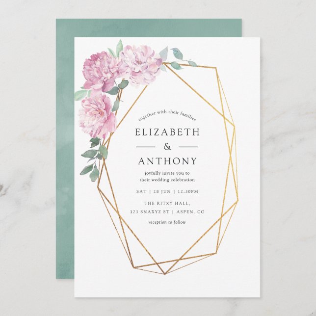 Blush Pink and Mint Geometric Floral Wedding Invitation (Front/Back)