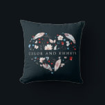 Blush Pink and Navy Blue Boho Heart Throw Pillow<br><div class="desc">Such a pretty heart begins with four blush pink feathers. Larger flowers in the design are also soft pink. But there are bright blue and red flowers for a pop of colour. Very romantic and Boho Chic. Tiny red hearts also spice up the design. The wedding couple names are written...</div>