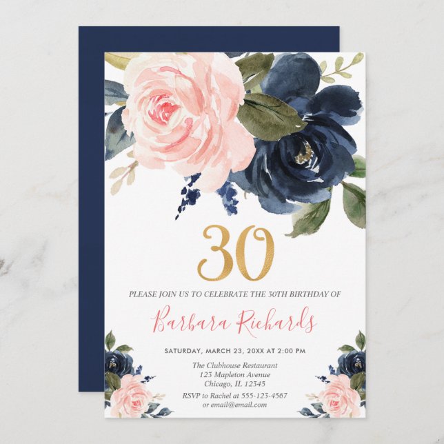 Blush pink and navy blue floral 30th birthday invitation (Front/Back)