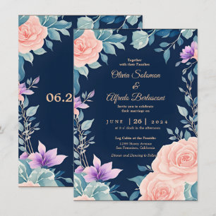 Blush pink and Navy Blue floral elegant modern  Invitation