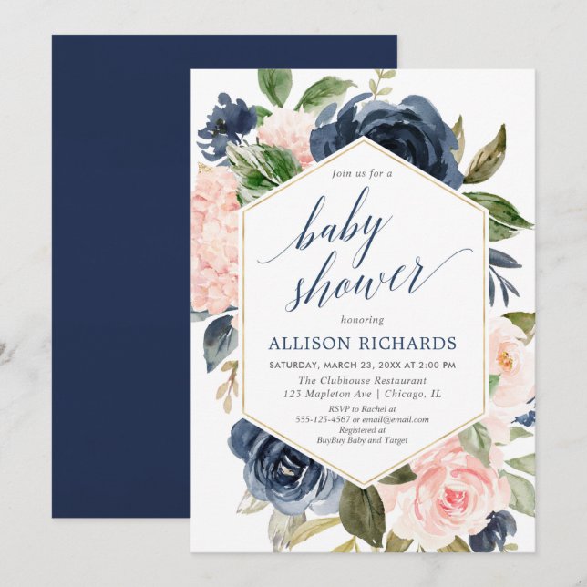 Blush pink and navy blue girl baby shower floral invitation (Front/Back)