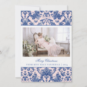 Blush Pink and Navy Blue Grandmillennial Damask  Holiday Card