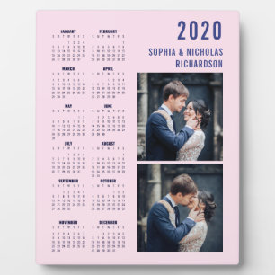 Blush Pink and Navy Blue Two Photo 2020 Calendar Plaque