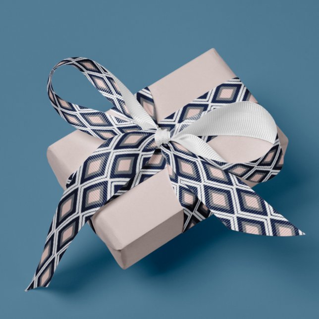 Blush Pink and Navy Diamond Ikat Pattern Grosgrain Ribbon (Creator Uploaded)