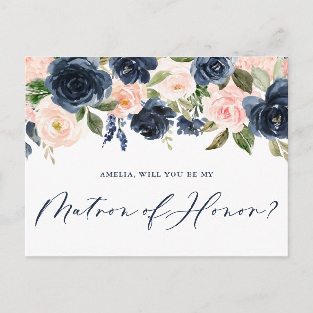 Blush Pink and Navy Floral Be My Matron of Honour Postcard (Front)
