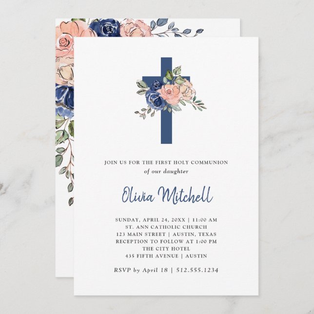 Blush Pink and Navy Floral | First Holy Communion Invitation (Front/Back)