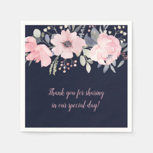 Blush Pink and Navy Floral Square Wedding   Napkin