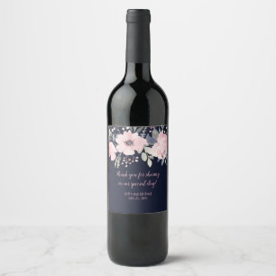 Blush Pink and Navy Floral Square Wedding    Wine Label