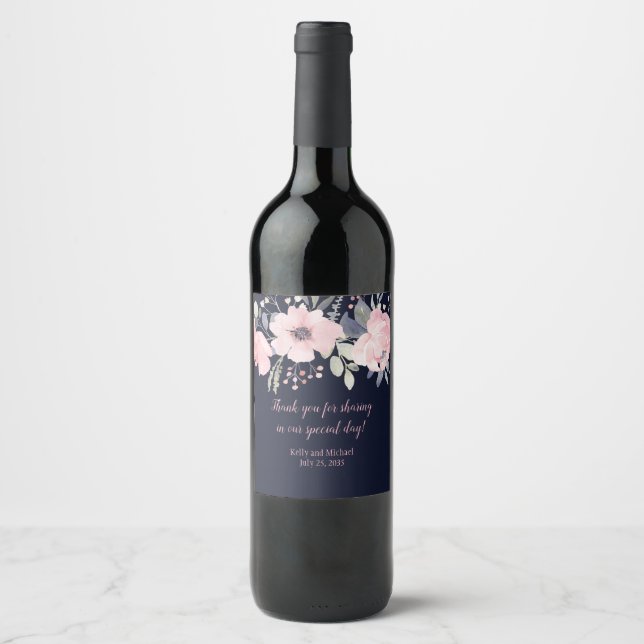 Blush Pink and Navy Floral Square Wedding |  Wine Label (Front)