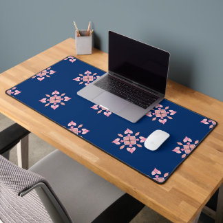 Blush Pink and Navy Geometric Floral Tiles Desk Mat