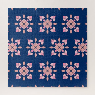 Blush Pink and Navy Geometric Floral Tiles Jigsaw Puzzle