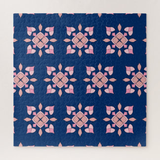 Blush Pink and Navy Geometric Floral Tiles Jigsaw Puzzle