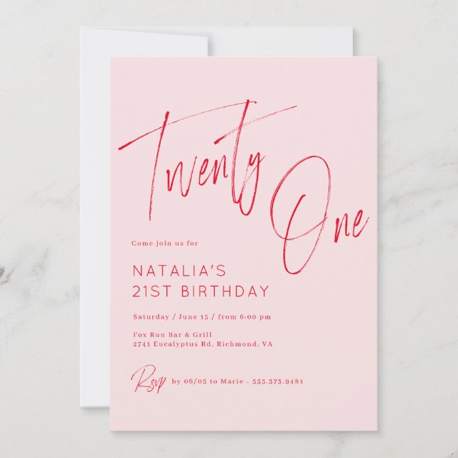 Blush Pink and Red Script | Girly 21st Birthday Invitation (Front)