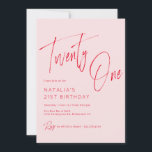 Blush Pink and Red Script | Girly 21st Birthday Invitation<br><div class="desc">Modern and feminine 21st birthday invitations with "Twenty One" text in large brush script. Red font on a soft pink background.</div>