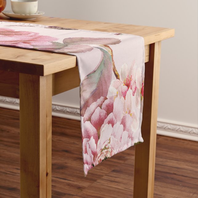 Blush Pink and Red Watercolor Floral Roses Short Table Runner (In Situ)