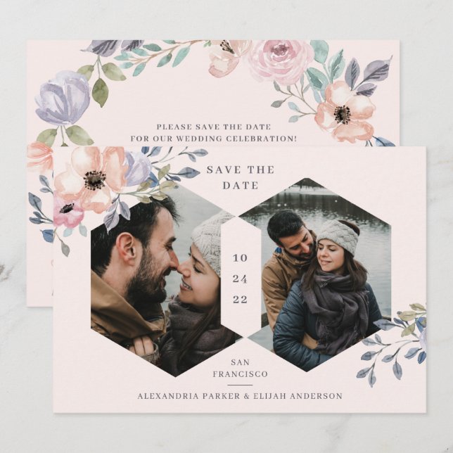 Blush Pink and Rose Geometric Floral | Two Photo Save The Date (Front/Back)
