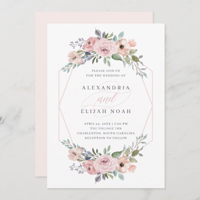 Blush Pink and Rose Geometric Floral | Wedding Invitation (Front/Back)