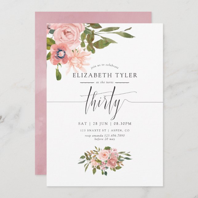 Blush Pink and Rose Gold 30th Birthday Party Invitation (Front/Back)