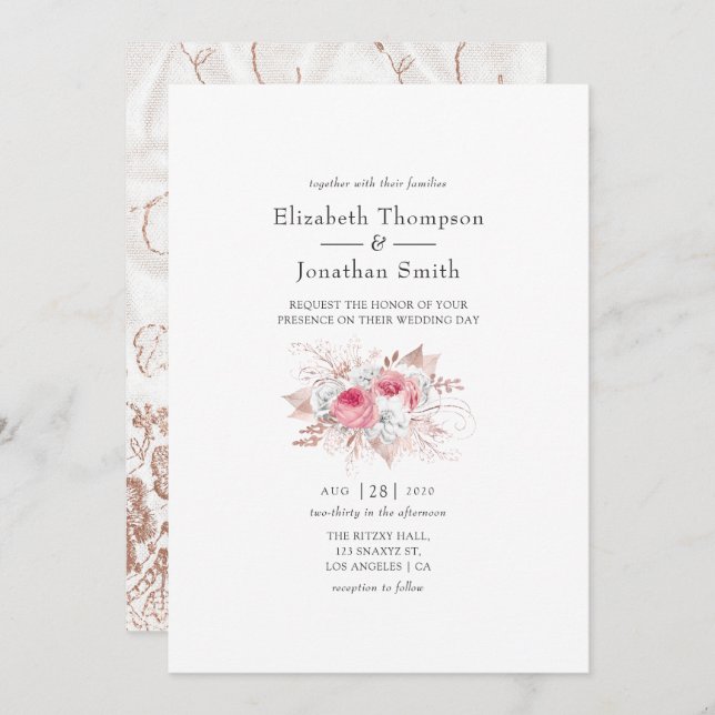 Blush Pink and Rose Gold Floral and Lace Wedding Invitation (Front/Back)