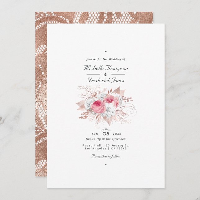 Blush Pink and Rose Gold Floral and Lace Wedding Invitation (Front/Back)