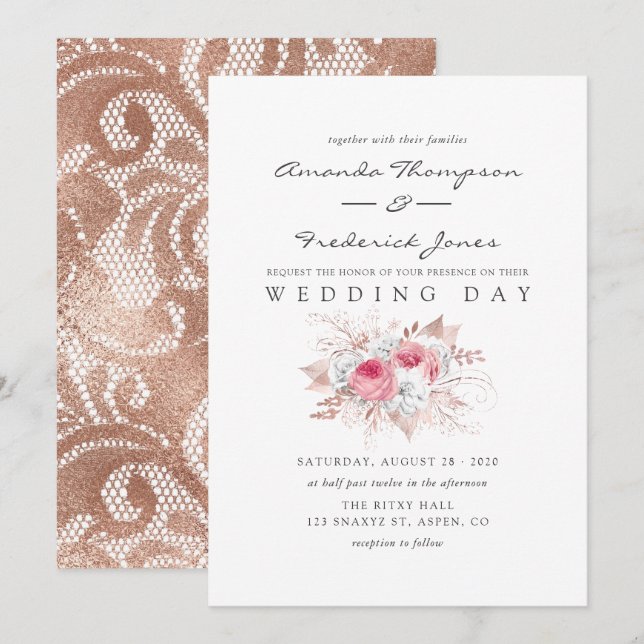 Blush Pink and Rose Gold Floral and Lace Wedding Invitation (Front/Back)