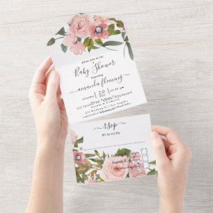 Blush Pink and Rose Gold Floral Baby Shower All In One Invitation