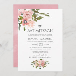 Blush Pink and Rose Gold Floral Bat Mitzvah Invitation