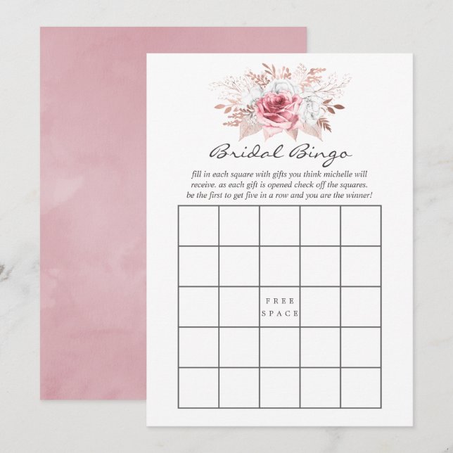 Blush Pink and Rose Gold Floral Bridal Bingo Invitation (Front/Back)