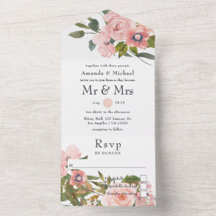 Blush Pink and Rose Gold Floral Wedding All In One Invitation
