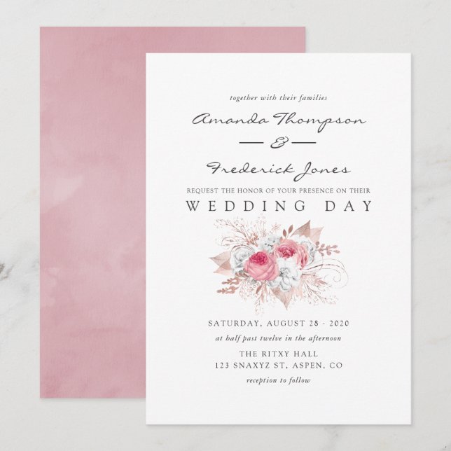 Blush Pink and Rose Gold Floral Wedding invitation (Front/Back)