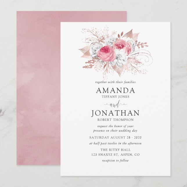 Blush Pink and Rose Gold Floral Wedding invitation (Front/Back)