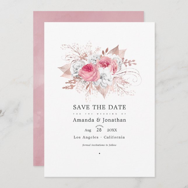 Blush Pink and Rose Gold Floral Wedding Save The Date (Front/Back)