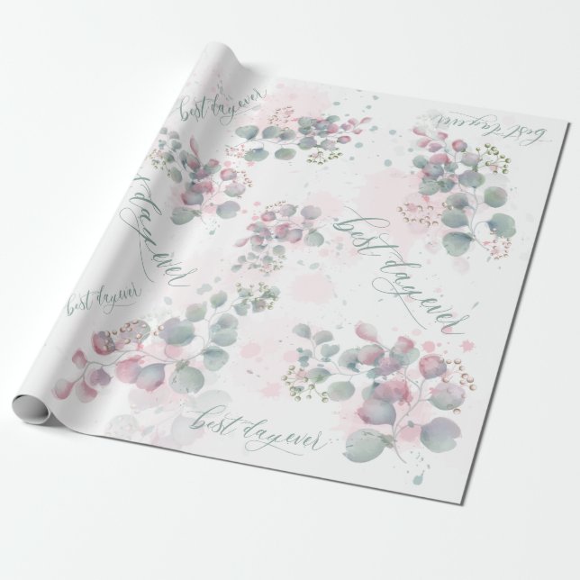 Blush Pink and Sage Green Eucalyptus Wrapping Paper (Unrolled)