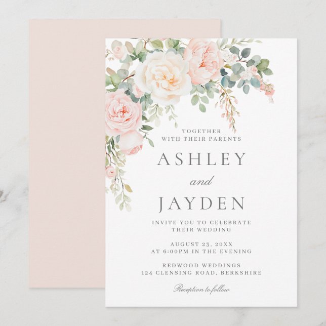 Blush Pink and Sage Green Floral Wedding Invitation (Front/Back)