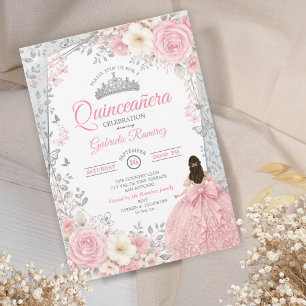 Blush Pink and Sage Watercolor Silver Quinceañera  Invitation