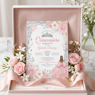 Blush Pink and Sage Watercolor Silver Quinceañera  Invitation