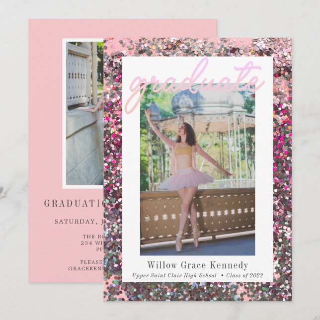 Blush Pink and Silver 2 Photo Glam Graduation Anno Announcement (Front/Back)