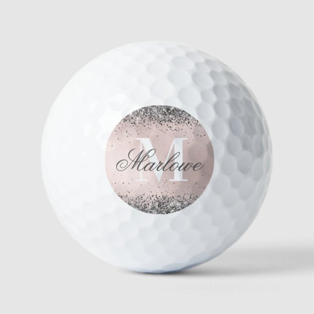 Blush Pink and Silver Glitter Monogram Golf Balls (Front)